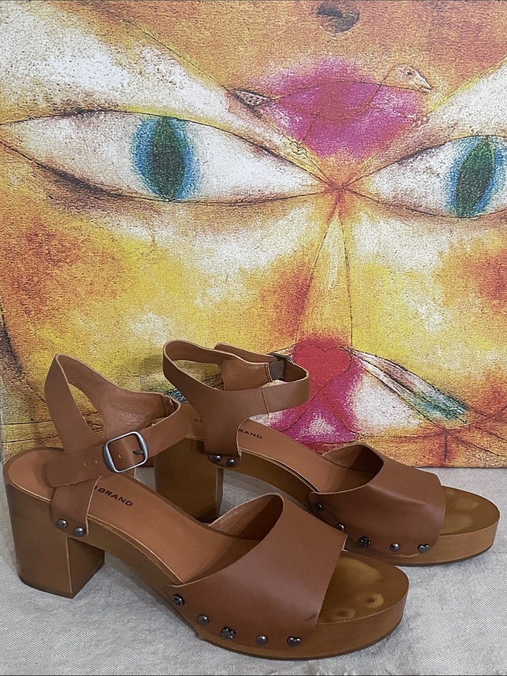 Lucky Brand Cognac Brown Studded Platform clog sandals